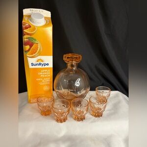 French Pink Art Glass,Rosaline liqueur decanter with 5 glasses